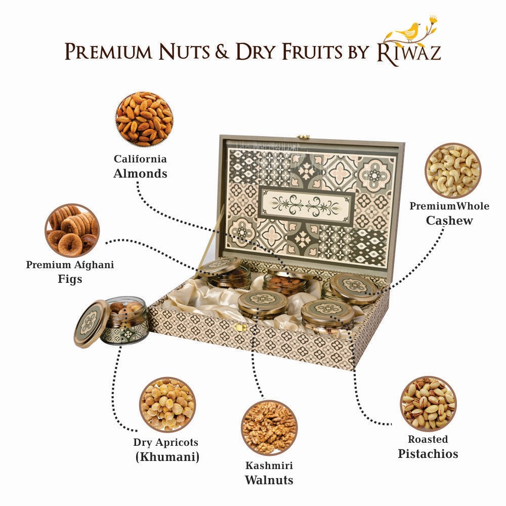 Riwaz Luxury Rajwada Dry Fruit Gift Box Almonds, Cashews, Pistachios, Walnuts, Raisins & Khumani | Premium Gift for Rakhi, Diwali