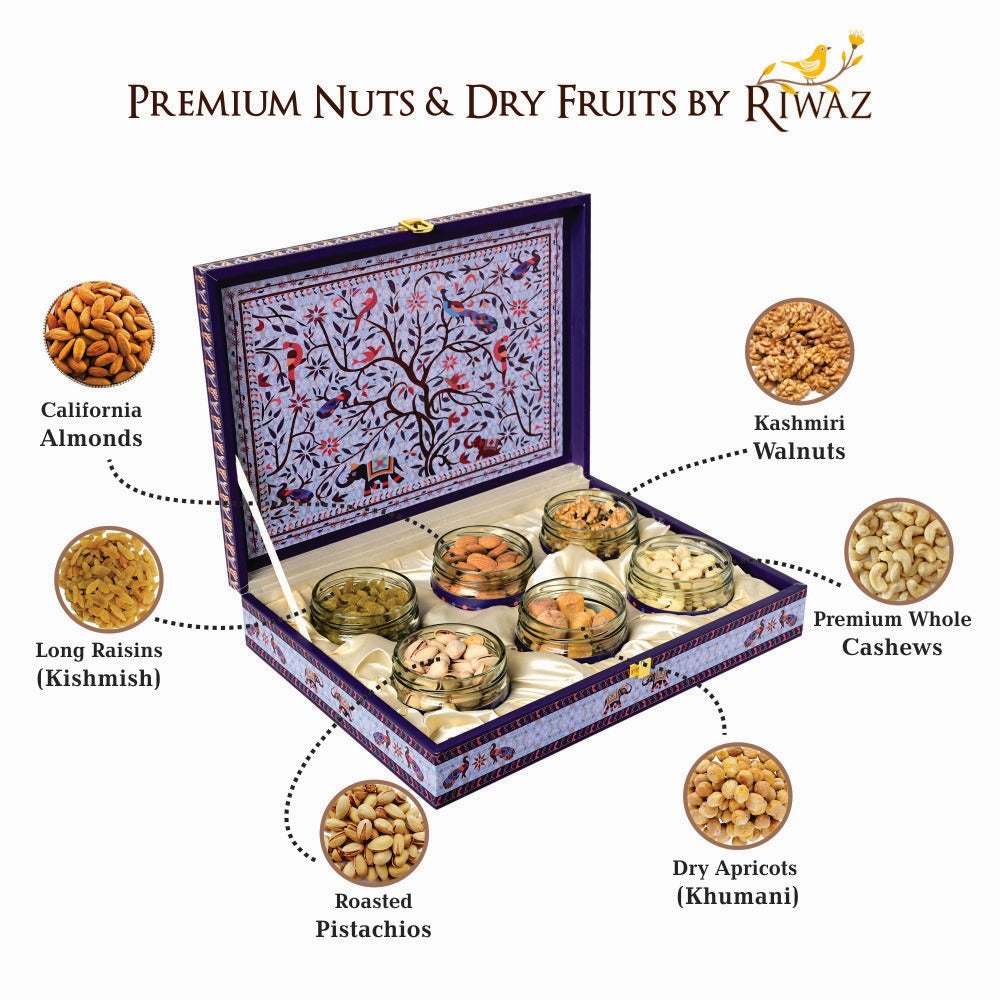 Riwaz Premium Dry Fruit Gift Box  | Premium 6-Jar Set | Almonds, Cashews, Pistachios , Walnuts , Figs & Raisins| Luxury Elegant & Reusable Gift Hamper | High Protein & Immunity Booster Assortment |