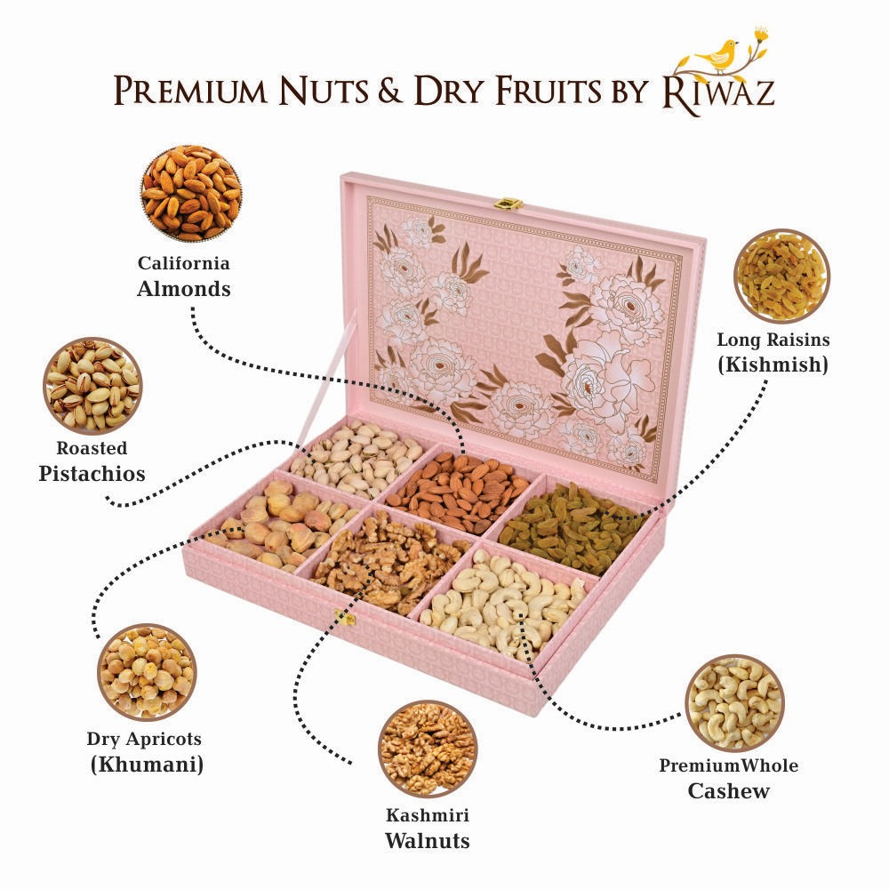Riwaz Premium Flower Genda Flower Gift Box | Premium Assortment of Almonds, Cashews, Pistachios, Walnuts, Raisins & Khumani | A Thoughtful Gift