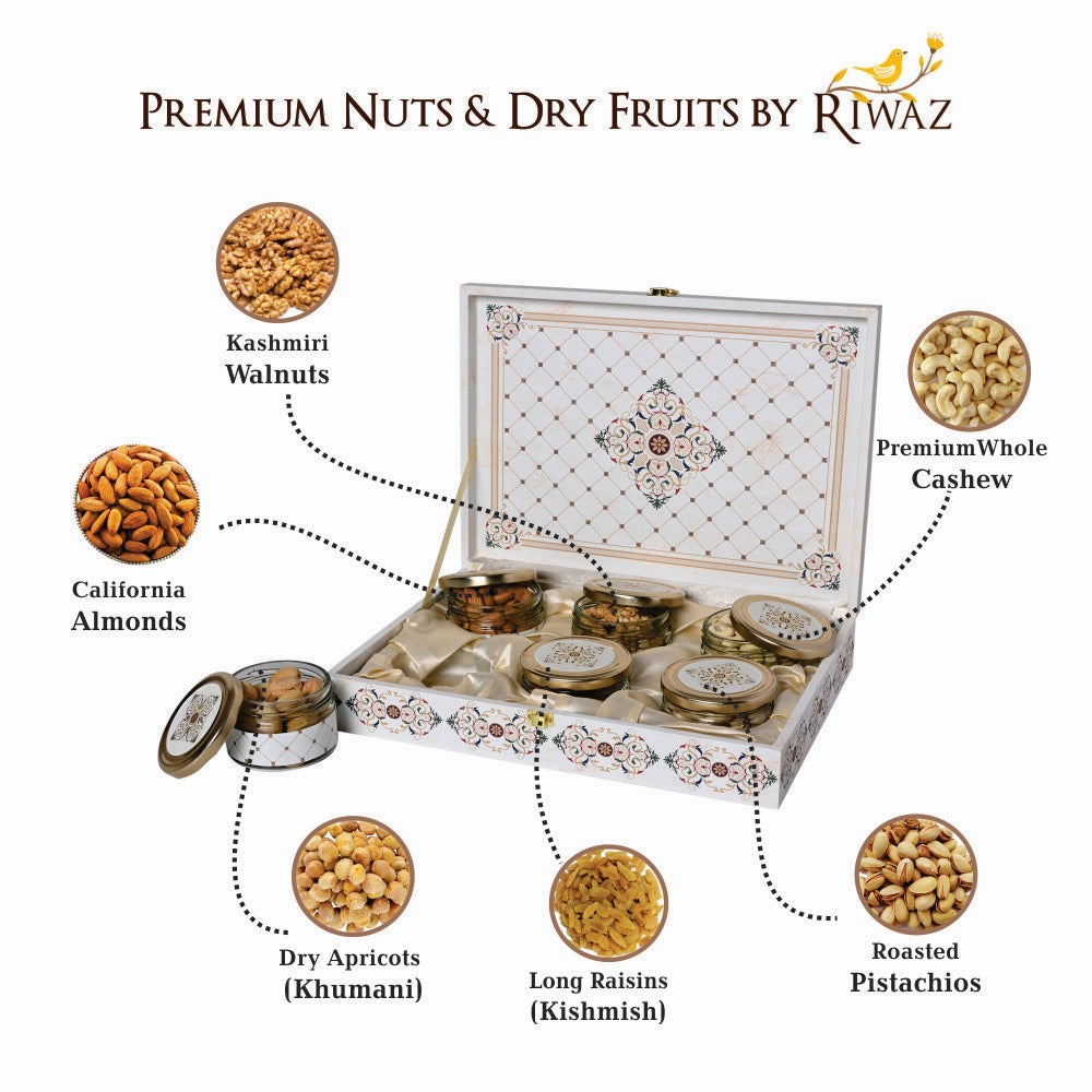 Riwaz Luxury White Flower Box  | Premium 6-Jar Set | Almonds, Cashews, Pistachios , Walnuts , Figs & Raisins| Luxury Elegant & Reusable Gift Hamper