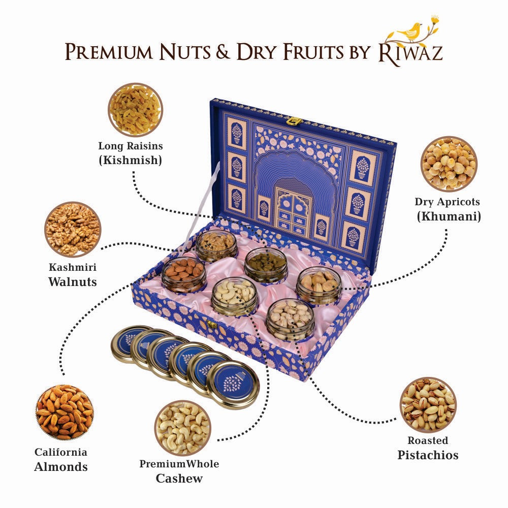 Riwaz Premium Blue Darwaja Dry Fruit Gift Box – Premium Nuts & Dry Fruits in Designer Jar Packaging | Royal Festive Gift Hamper for Weddings, Diwali