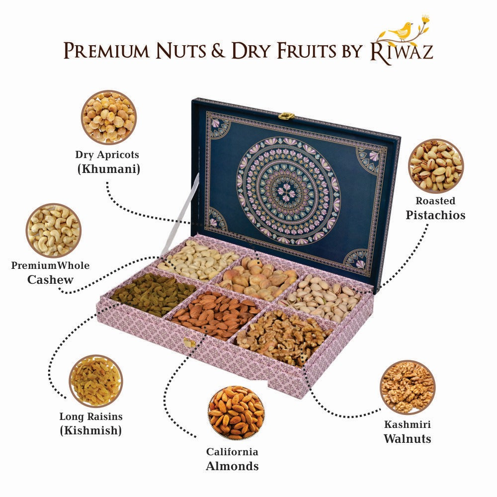 Riwaz Premium Matt Natural Gift Box | Premium 6-Column Assortment of Almonds, Cashews, Pistachios, Walnuts, Raisins & Khumani