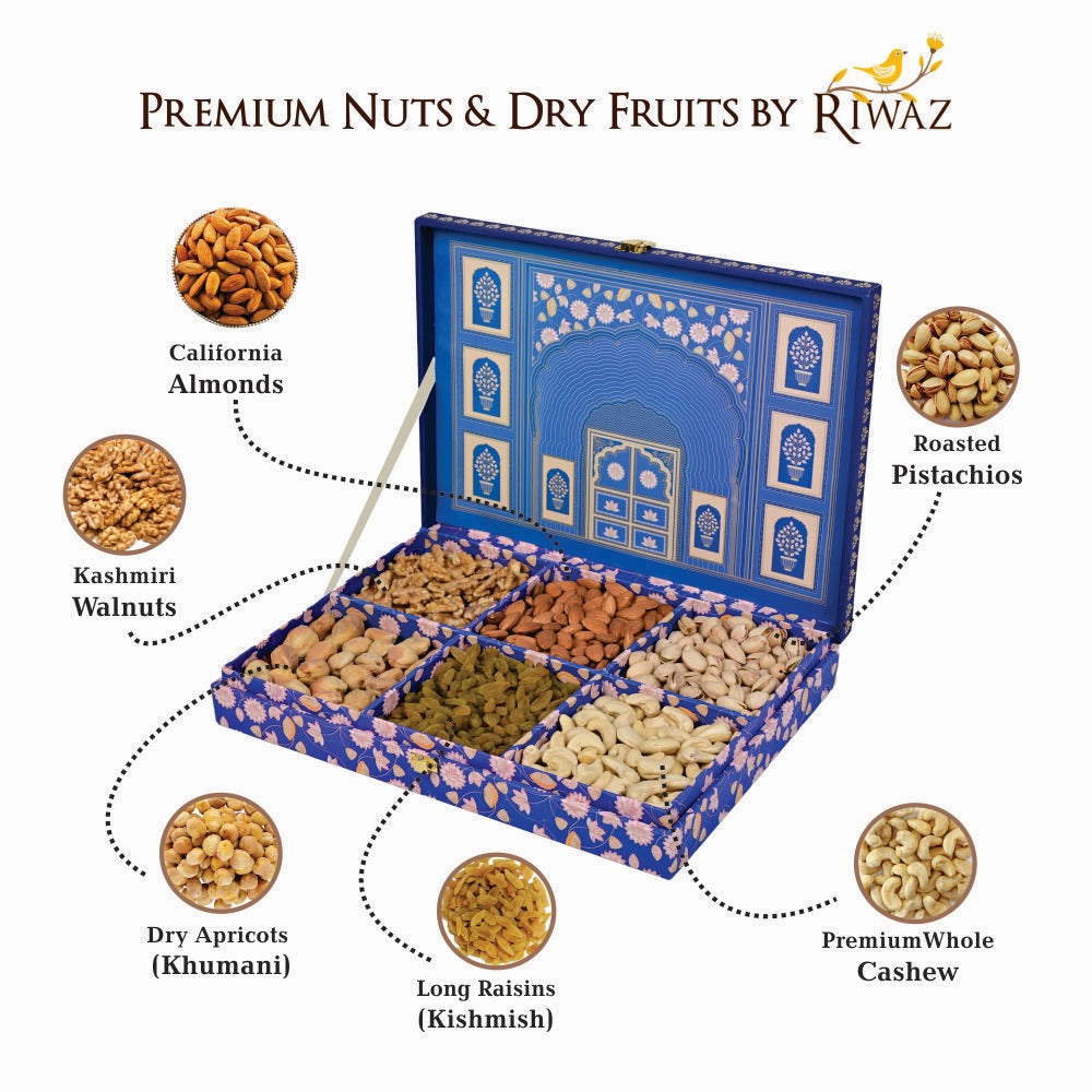 Riwaz Premium Blue Darwaja Gift Box | Premium 6-Column Assortment of Almonds, Cashews, Pistachios, Walnuts, Raisins & Khumani | A Thoughtful Gift