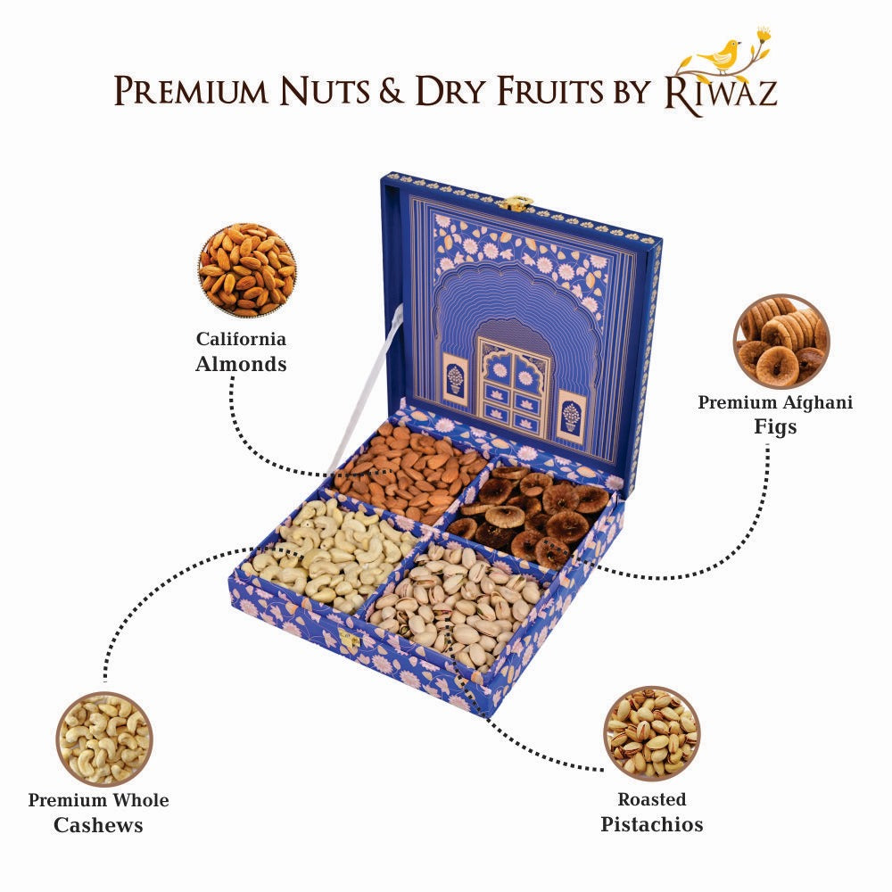 Riwaz Premium Blue Darwaja Gift Box | Premium 4- column Set | Almonds, Cashews, Pistachios , Walnuts , Figs & Raisins | Luxury Elegant & Reusable Gift Hamper | High Protein & Immunity Booster Assortment
