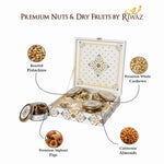 Luxury Riwaz White Marble Dry Fruit Box |  Premium 4-Jar Set | Almonds, Cashews, Pistachios , Walnuts , Figs & Raisins| Luxury Elegant & Reusable