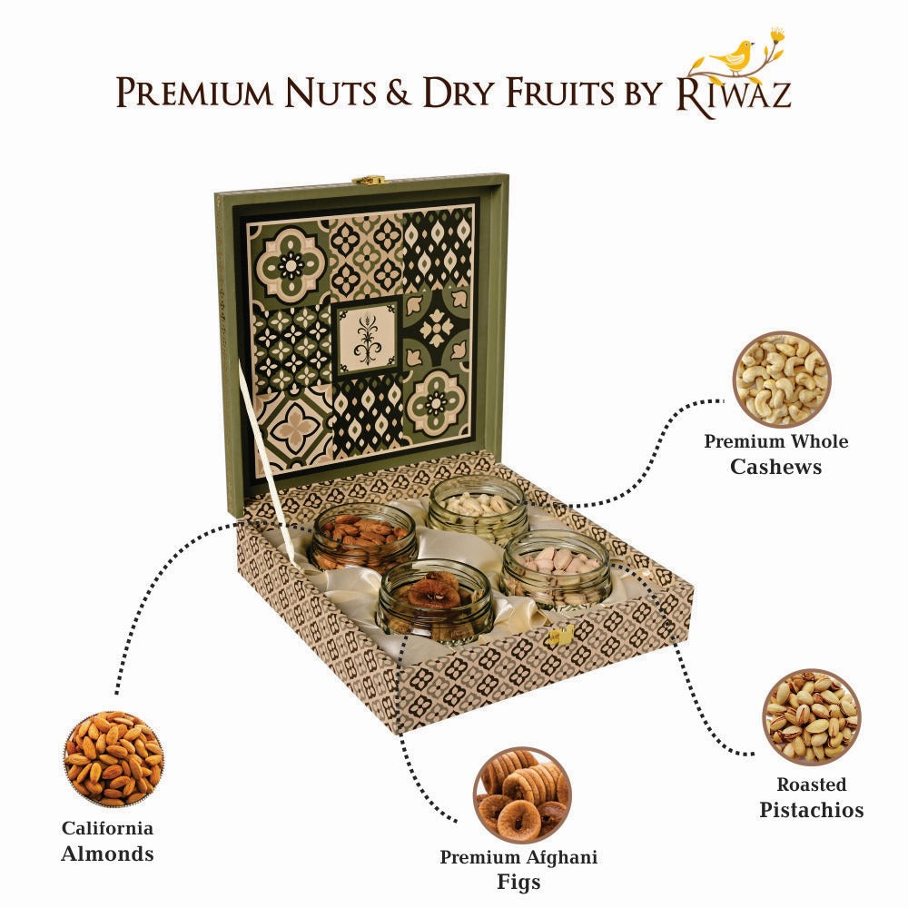 Riwaz Premium Rajwada Dry Fruit Gift Box |  Premium 4-Jar Set | Almonds, Cashews, Pistachios , Walnuts , Figs & Raisins| Luxury Elegant & Reusable G