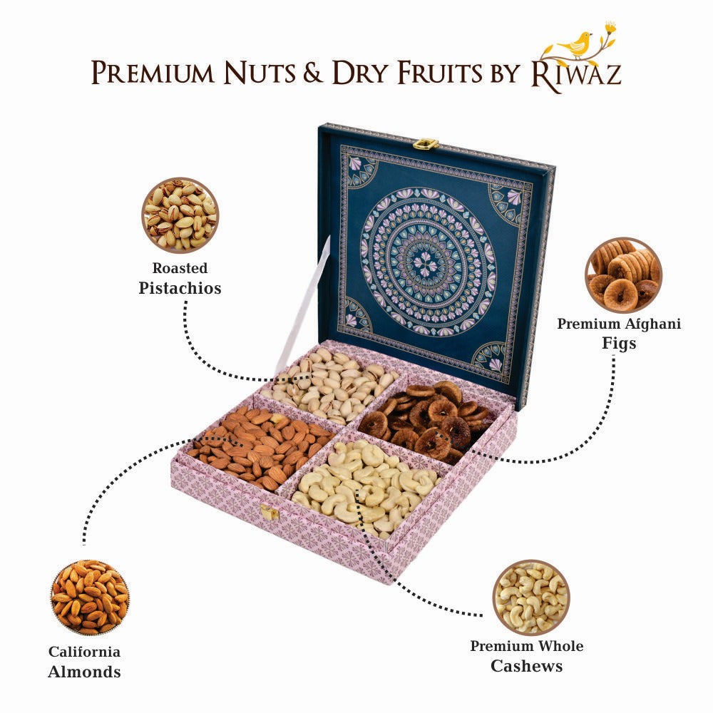 Riwaz Premium Matt Natural Gift Box | Designer 4-Column Selection of Almonds, Cashews, Pistachios & Raisins | A Thoughtful & Elegant Gift