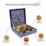 Riwaz Premium Blue Peacock Gift Box |  Premium 4-Jar Set | Almonds, Cashews, Pistachios , Walnuts , Figs & Raisins| Luxury Elegant & Reusable Gift