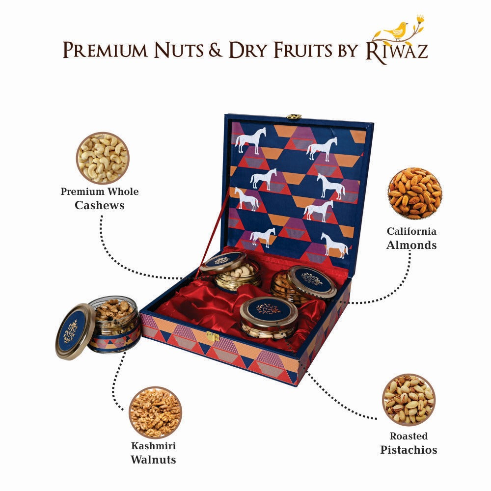 Riwaz Luxury Red Horse Gif tbox |Premium 4-Jar Set | Almonds, Cashews, Pistachios , Walnuts , Figs & Raisins| Luxury Elegant & Reusable Gift