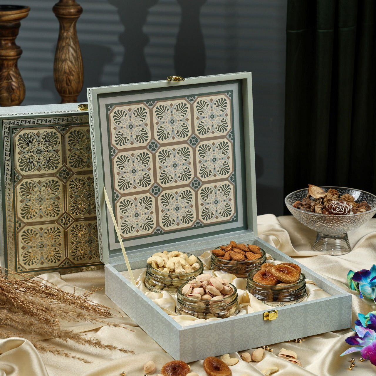Riwaz Luxury Square Dry Fruits Gift Box |  Premium 4-Jar Set | Almonds, Cashews, Pistachios , Walnuts , Figs & Raisins| Luxury Elegant & Reusable Gift Hamper