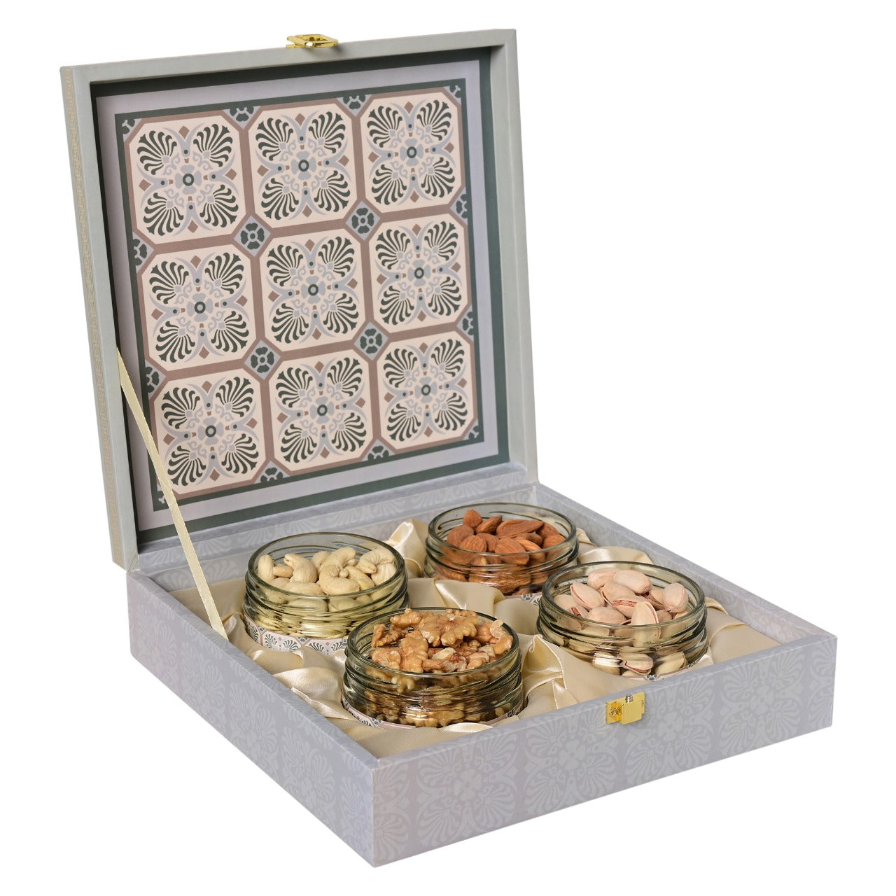 Riwaz Luxury Square Dry Fruits Gift Box |  Premium 4-Jar Set | Almonds, Cashews, Pistachios , Walnuts , Figs & Raisins| Luxury Elegant & Reusable Gift Hamper