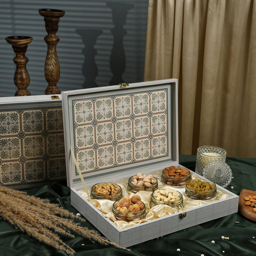 Riwaz Premium Square Design Dry Fruit Gift Box  | Premium 6-Jar Set | Almonds, Cashews, Pistachios , Walnuts , Figs & Raisins | Luxury Elegant & Reusable Gift Hamper | High Protein & Immunity Booster Assortment |
