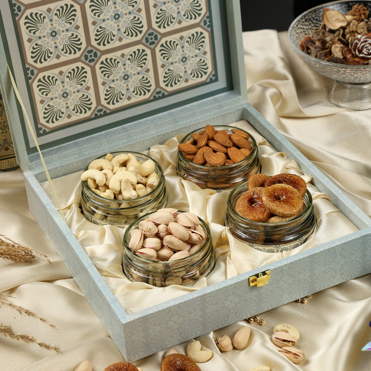 Riwaz Luxury Square Dry Fruits Gift Box |  Premium 4-Jar Set | Almonds, Cashews, Pistachios , Walnuts , Figs & Raisins| Luxury Elegant & Reusable Gift Hamper