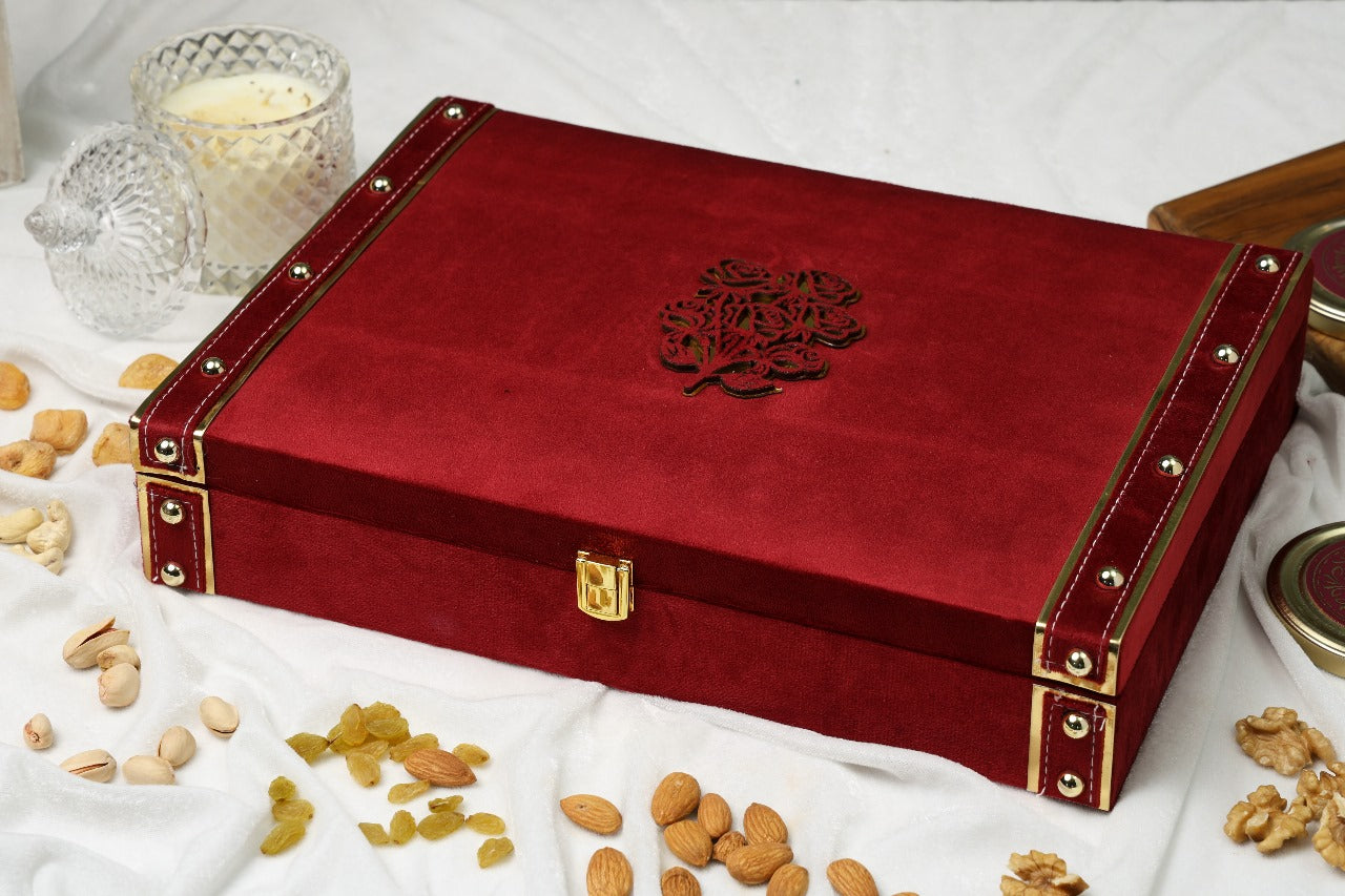 Riwaz Luxury Red Suede Dry Fruit Gift Box  | Premium 6-Jar Set | Almonds, Cashews, Pistachios , Walnuts , Figs & Raisins| Luxury Elegant & Reusable Gift Hamper | High Protein & Immunity Booster Assortment |
