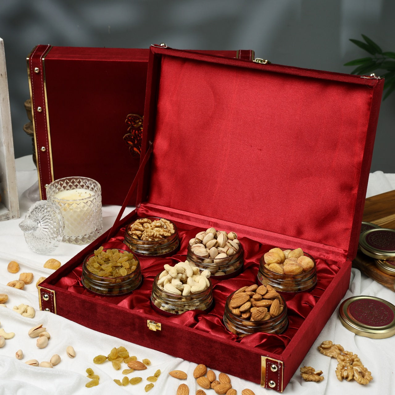 Riwaz Luxury Red Suede Dry Fruit Gift Box  | Premium 6-Jar Set | Almonds, Cashews, Pistachios , Walnuts , Figs & Raisins| Luxury Elegant & Reusable Gift Hamper | High Protein & Immunity Booster Assortment |