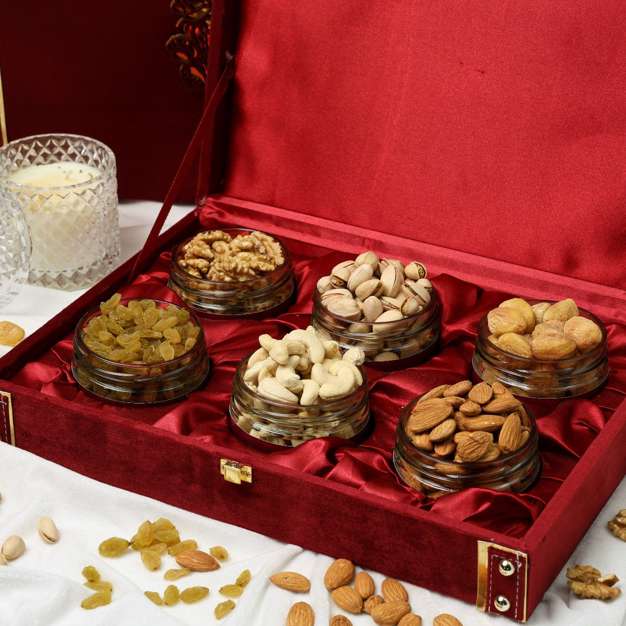 Riwaz Luxury Red Suede Dry Fruit Gift Box  | Premium 6-Jar Set | Almonds, Cashews, Pistachios , Walnuts , Figs & Raisins| Luxury Elegant & Reusable Gift Hamper | High Protein & Immunity Booster Assortment |