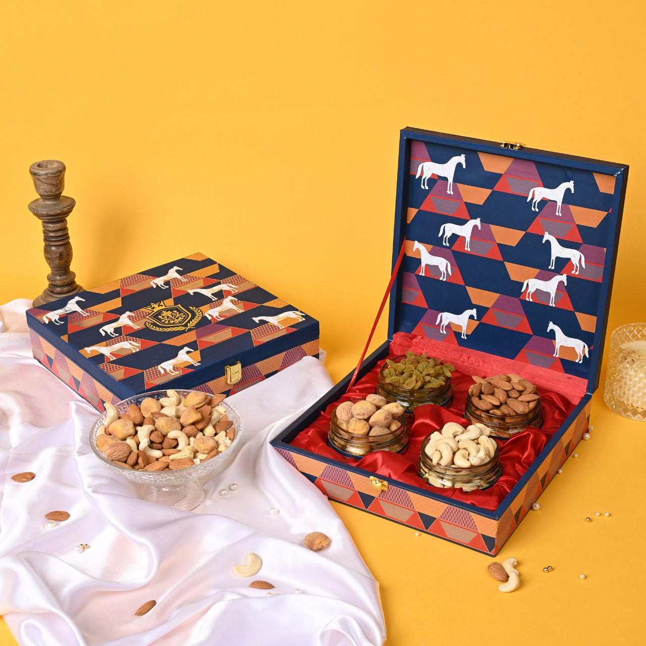 Riwaz Luxury Red Horse Gif tbox |Premium 4-Jar Set | Almonds, Cashews, Pistachios , Walnuts , Figs & Raisins| Luxury Elegant & Reusable Gift