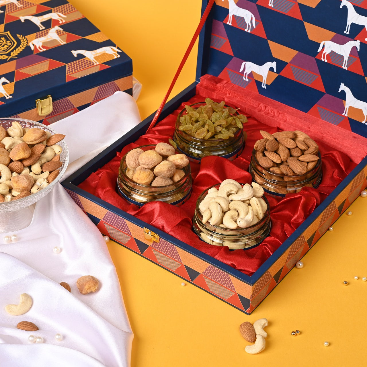 Riwaz Luxury Red Horse Gif tbox |Premium 4-Jar Set | Almonds, Cashews, Pistachios , Walnuts , Figs & Raisins| Luxury Elegant & Reusable Gift
