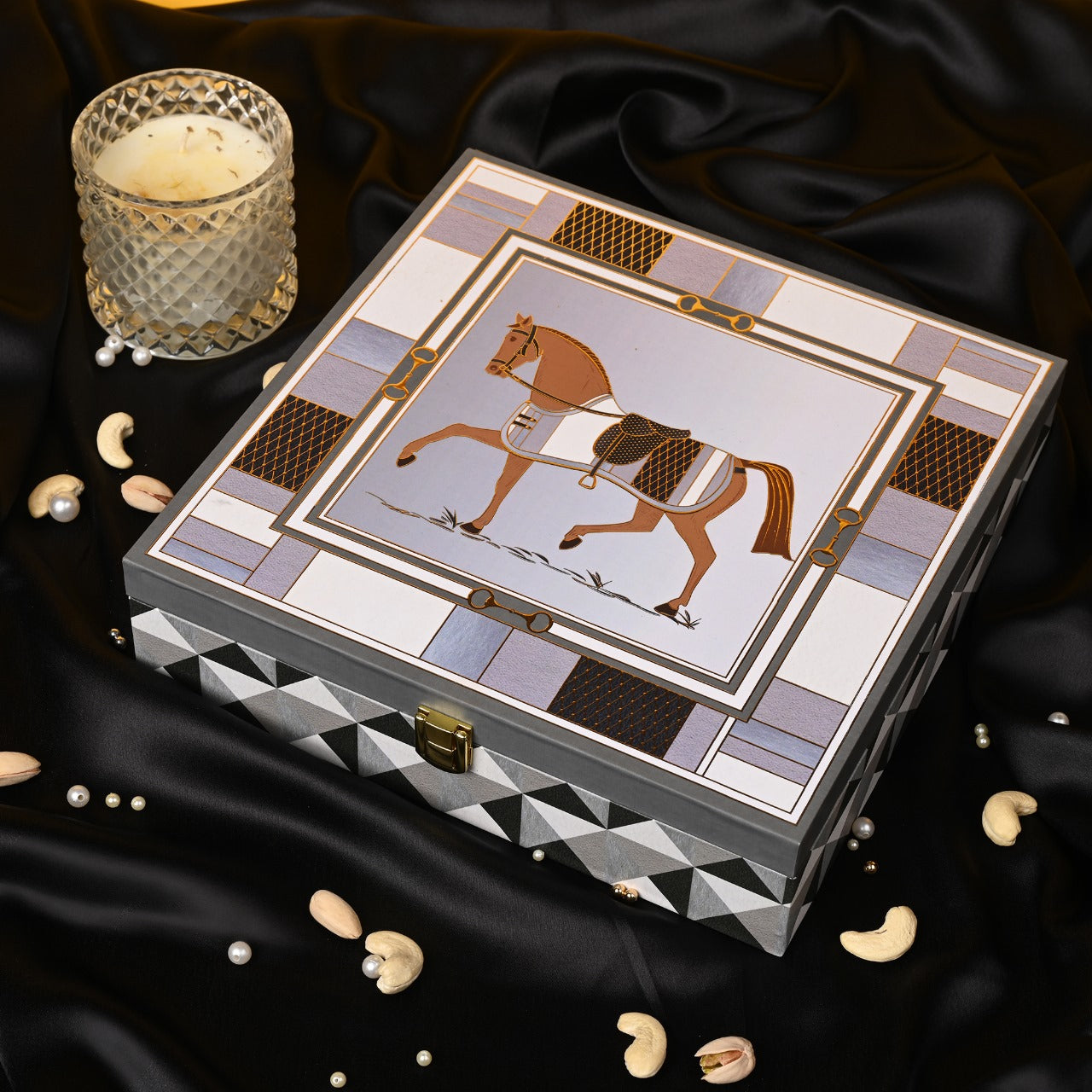 Riwaz Gifts Royal Horse Designer Dry Fruit Hamper (Grey & Black) | Premium 4-Jar Set | Almonds, Cashews, Pistachios , Walnuts , Figs & Raisins|