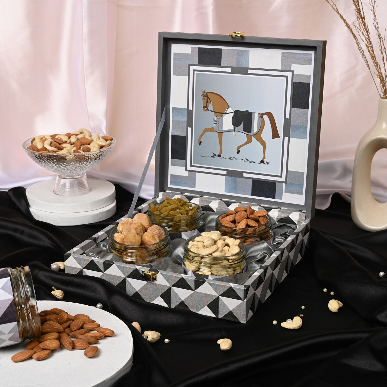 Riwaz Gifts Royal Horse Designer Dry Fruit Hamper (Grey & Black) | Premium 4-Jar Set | Almonds, Cashews, Pistachios , Walnuts , Figs & Raisins|