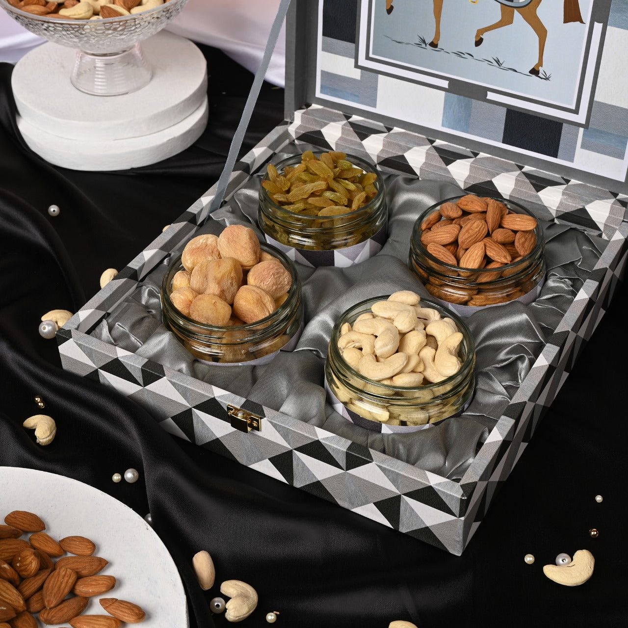 Riwaz Gifts Royal Horse Designer Dry Fruit Hamper (Grey & Black) | Premium 4-Jar Set | Almonds, Cashews, Pistachios , Walnuts , Figs & Raisins|
