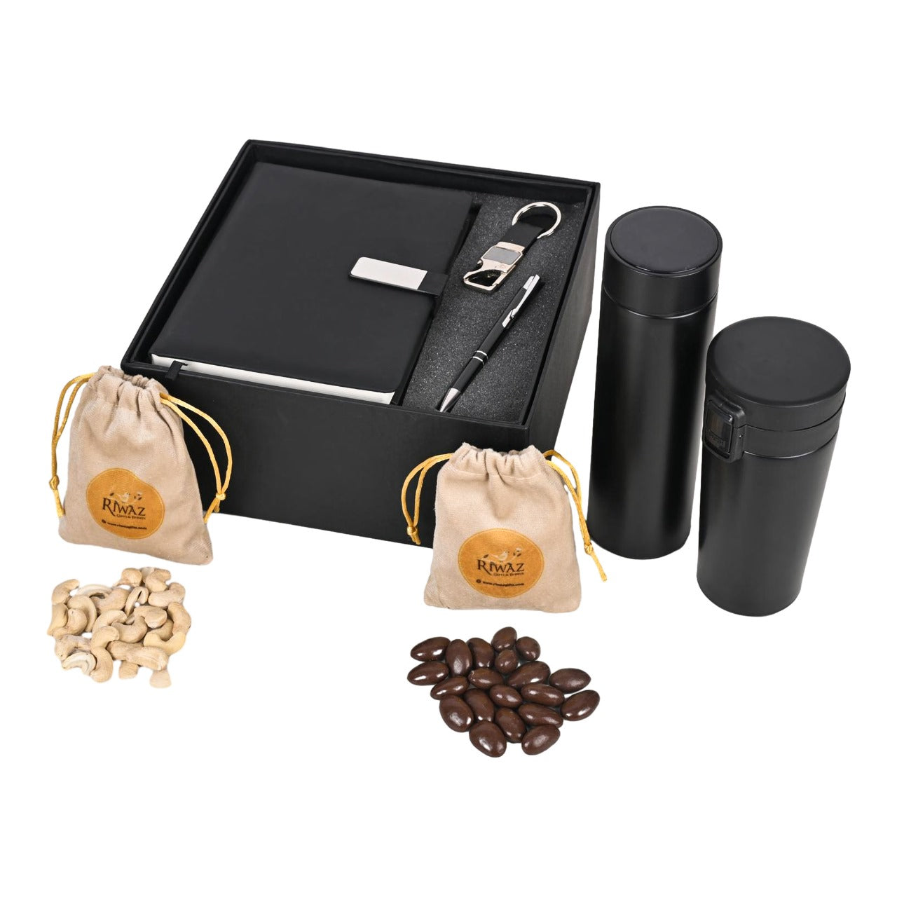 Riwaz Executive Corporate Gift Hamper for Diwali | Elegant Potli Bag with Dairy, Pen, Smart Tumbler Bottle, Keychain, Chocodip Almonds