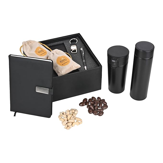 Riwaz Executive Corporate Gift Hamper for Diwali | Elegant Potli Bag with Dairy, Pen, Smart Tumbler Bottle, Keychain, Chocodip Almonds