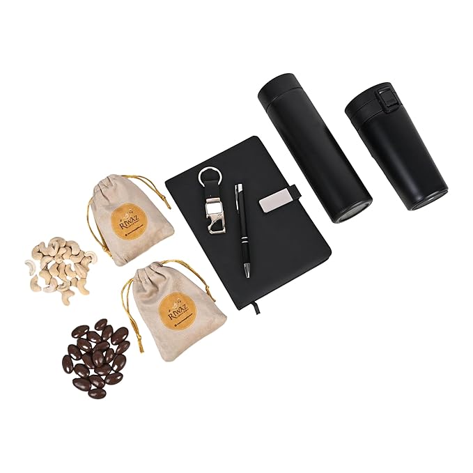 Riwaz Executive Corporate Gift Hamper for Diwali | Elegant Potli Bag with Dairy, Pen, Smart Tumbler Bottle, Keychain, Chocodip Almonds