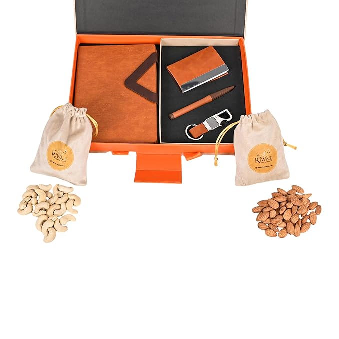 Riwaz Premium Corporate Gift Hamper for Diwali, Clients & Employees | Includes Diary, Pen, Keychain, Card Holder & Premium Dry Fruits
