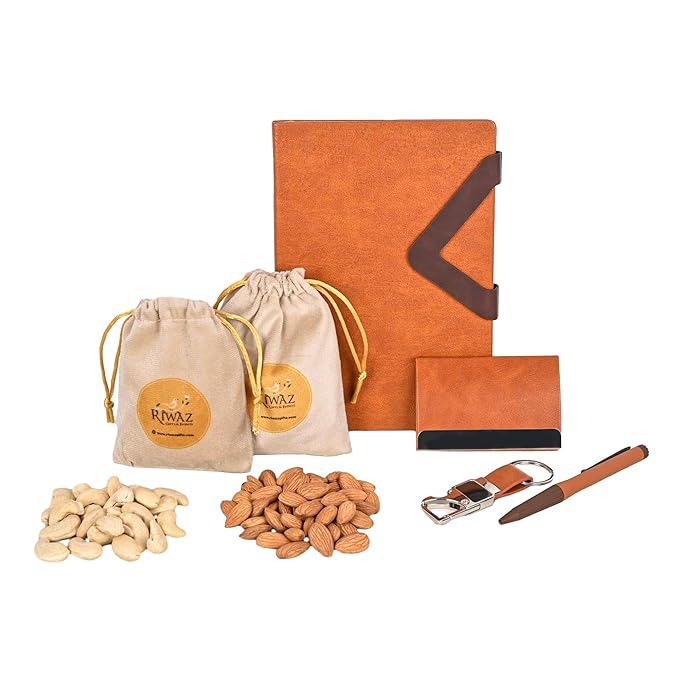Riwaz Premium Corporate Gift Hamper for Diwali, Clients & Employees | Includes Diary, Pen, Keychain, Card Holder & Premium Dry Fruits
