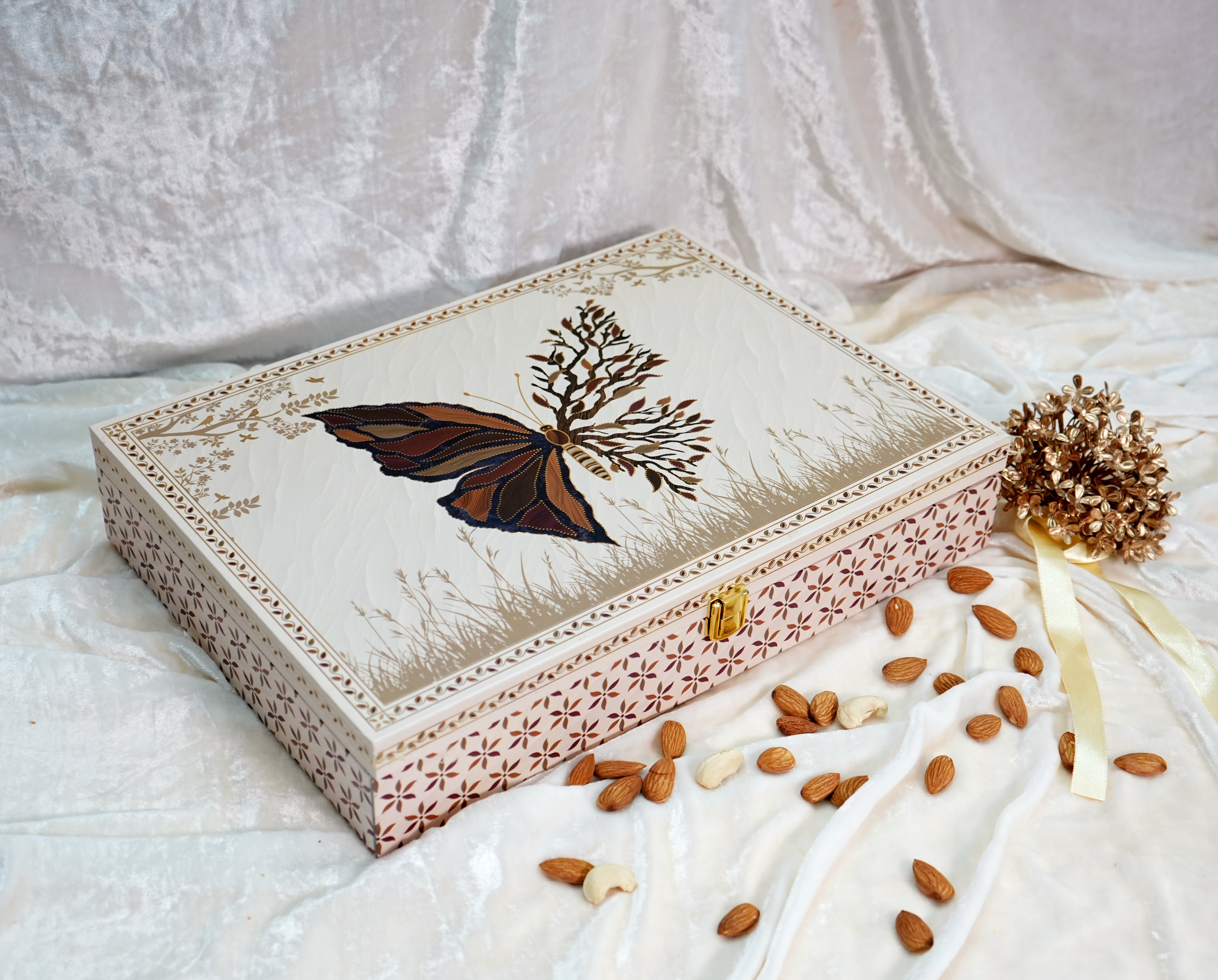 Riwaz Premium Butterfly Bloom Gift Box | Designer 6-Jar Assortment of Almonds, Cashews, Pistachios, Raisins, Walnuts & Apricots |