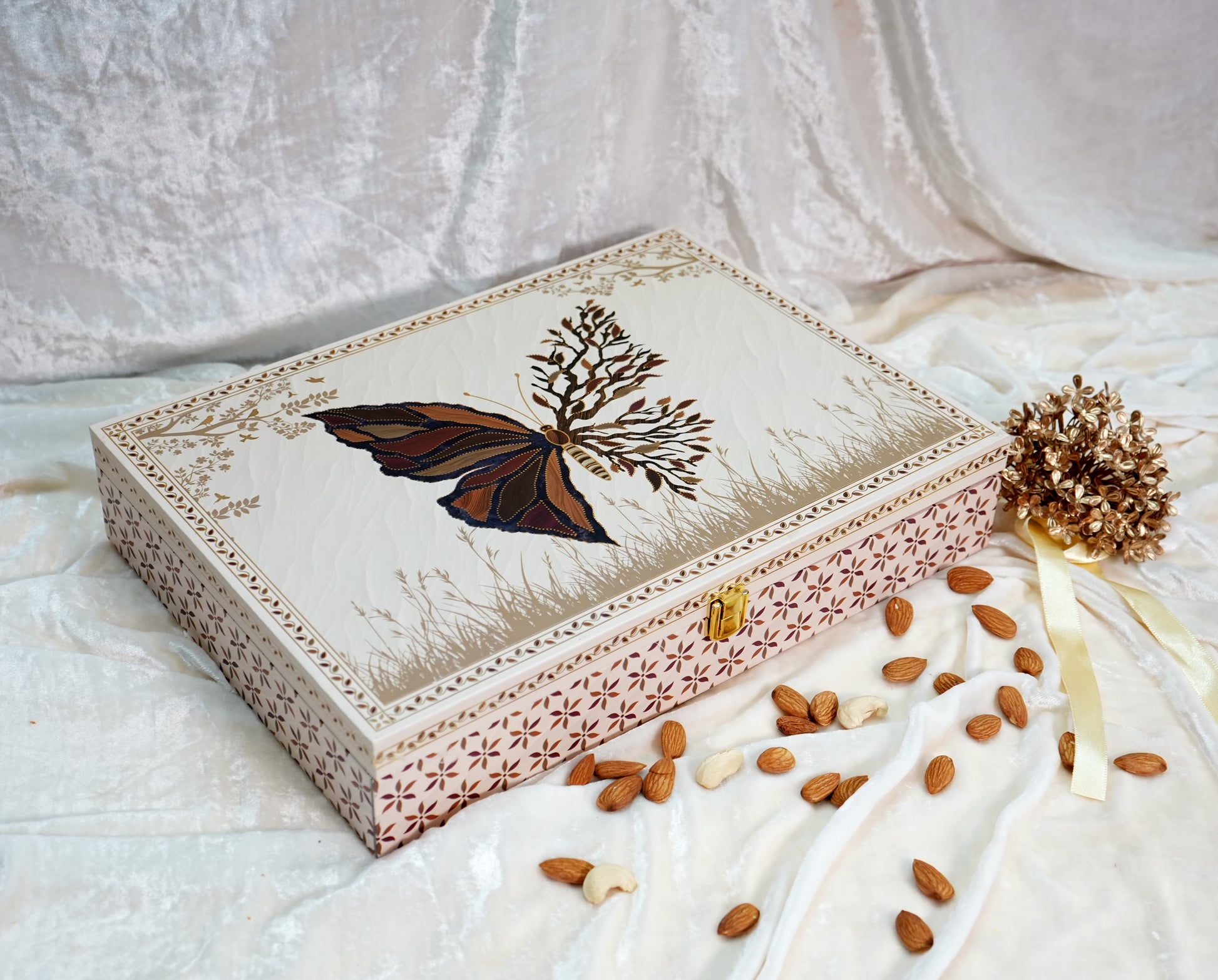 Riwaz Premium Butterfly Bloom Gift Box | Designer 6-Jar Assortment of Almonds, Cashews, Pistachios, Raisins, Walnuts & Apricots |