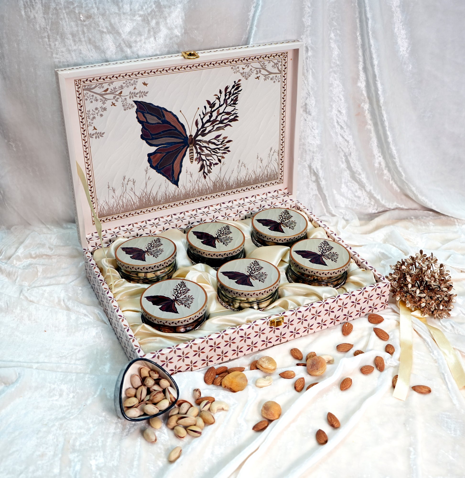 Riwaz Premium Butterfly Bloom Gift Box | Designer 6-Jar Assortment of Almonds, Cashews, Pistachios, Raisins, Walnuts & Apricots |