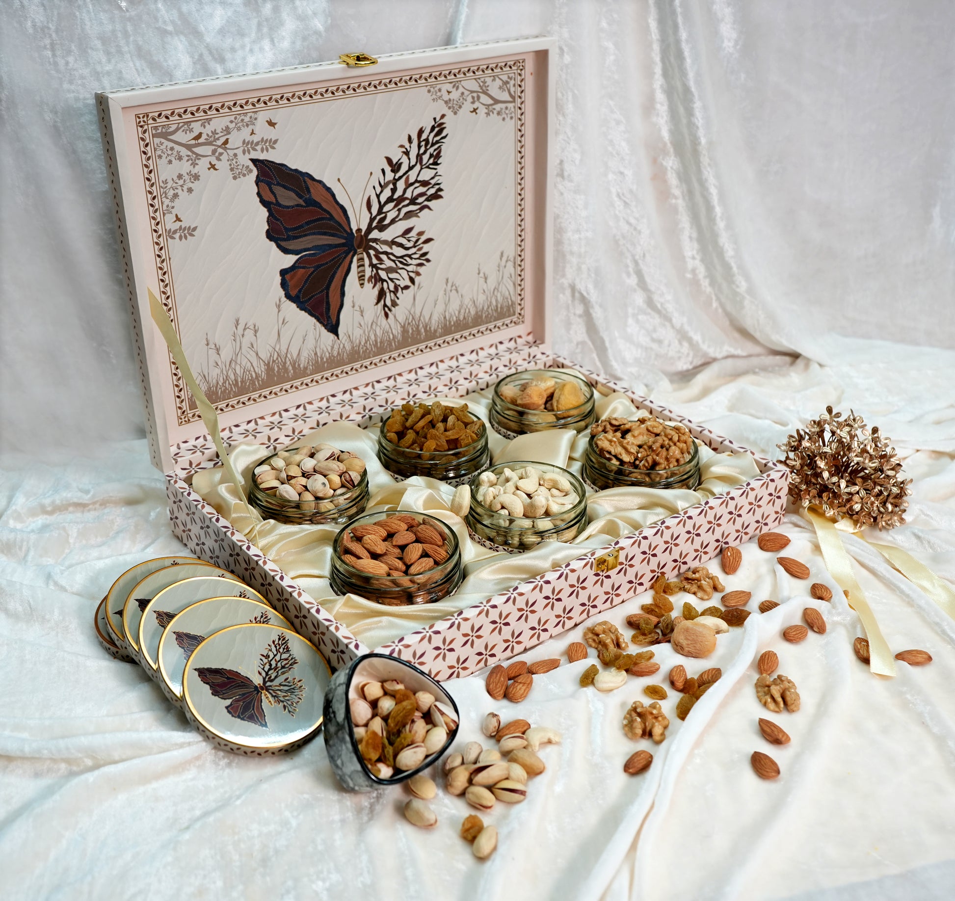 Riwaz Premium Butterfly Bloom Gift Box | Designer 6-Jar Assortment of Almonds, Cashews, Pistachios, Raisins, Walnuts & Apricots |