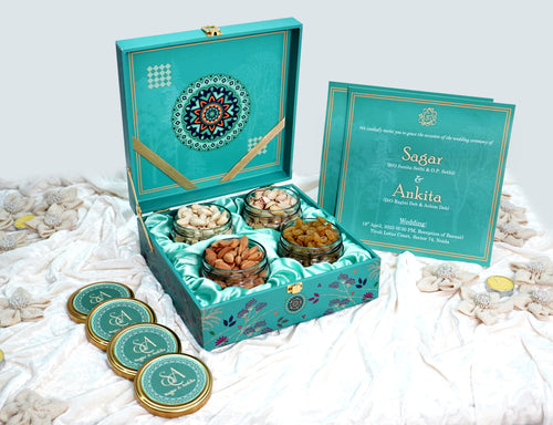 Riwaz Regal Blue Harmony Gift Box | Premium Almonds, Cashews, Pistachios & Raisins | Ideal for Weddings & Celebrations