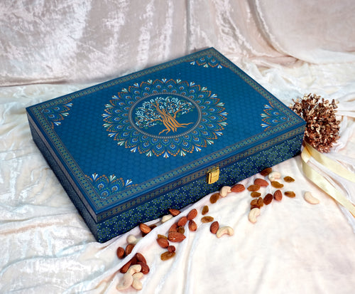 Riwaz Heritage Tree of Life Gift Box | Premium 6-Jar Dry Fruit Hamper | Luxury Blue & Gold Designer Box for Weddings, Festivals