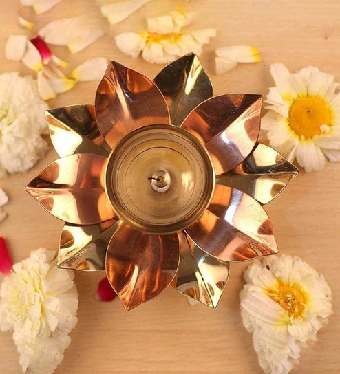 Lotus Shape Brass Diya for Puja | Traditional Oil Lamp for Home Temple & Mandir | Elegant Decorative Diya Stand for Diwali Gifting, Pooja & Spiritual Use